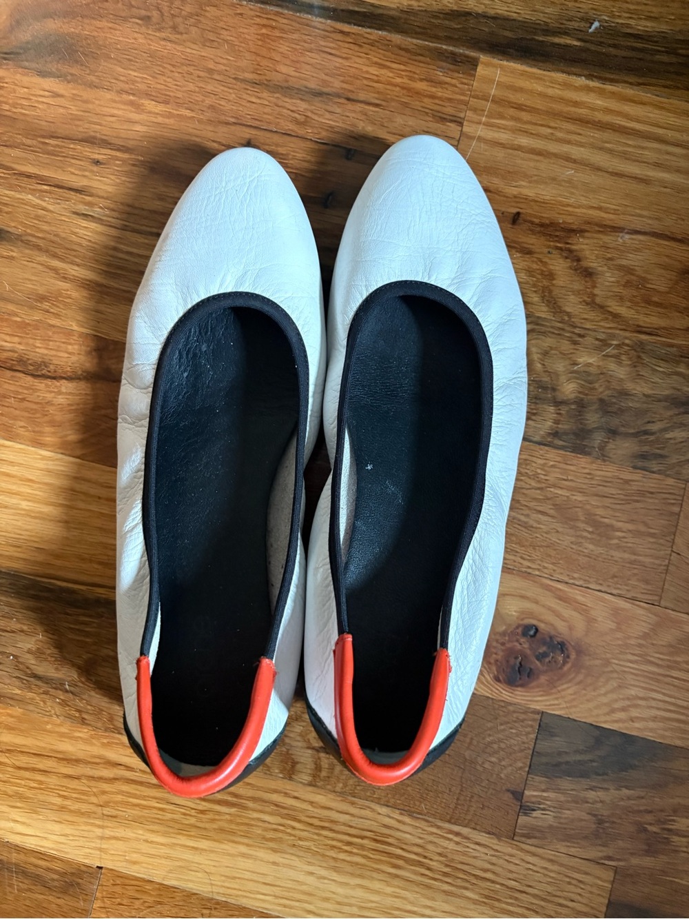 Arche White Leather Ballet Flats with Black Trim and Red Heel Tab